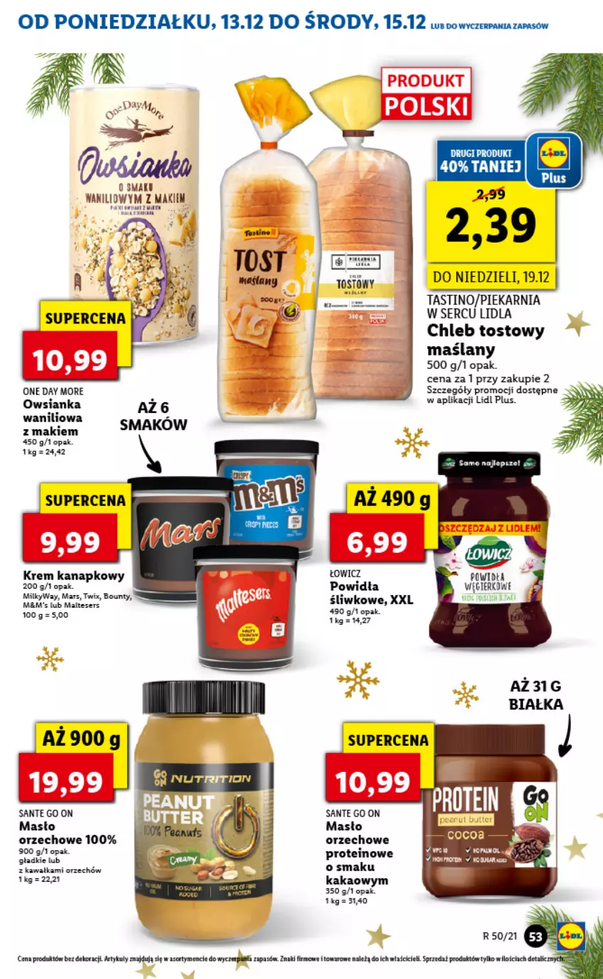 Gazetka promocyjna Lidl - GAZETKA - ważna 13.12 do 15.12.2021 - strona 53 - produkty: Chleb, Chleb tostowy, Fa, Kakao, Kawa, Mars, Masło, Masło orzechowe, Owsianka, Sante, Ser