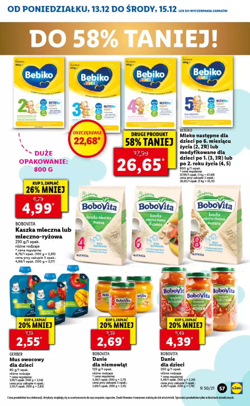 Gazetka promocyjna Lidl - GAZETKA - ważna 13.12 do 15.12.2021 - strona 57 - produkty: Bebiko, Danie dla dzieci, Dzieci, Fa, Mleko, Mus, O nas, Ryż