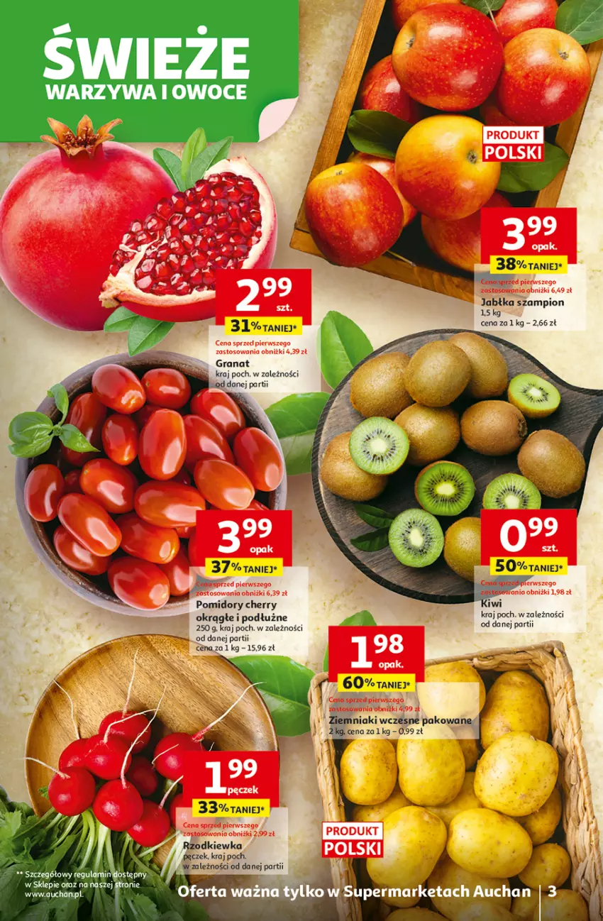 Gazetka promocyjna Auchan - Wielkie Przeboje Cenowe Supermarket - ważna 02.01 do 07.01.2026 - strona 3 - produkty: Gra, Granat, Jabłka, Owoce, Pomidory, Rzodkiewka, Szampion, Warzywa, Warzywa i owoce, Ziemniaki