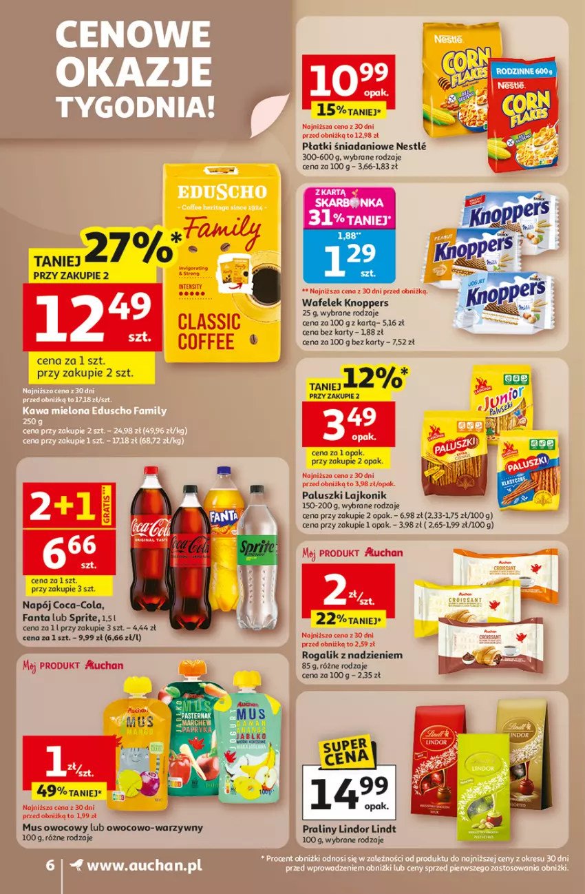 Gazetka promocyjna Auchan - Wielkie Przeboje Cenowe Supermarket - ważna 02.01 do 07.01.2026 - strona 6 - produkty: Coca-Cola, Danio, Fa, Fanta, Knoppers, Lajkonik, Lindor, Lindt, Mus, Napój, Praliny, Rogal, Sprite, Wafelek