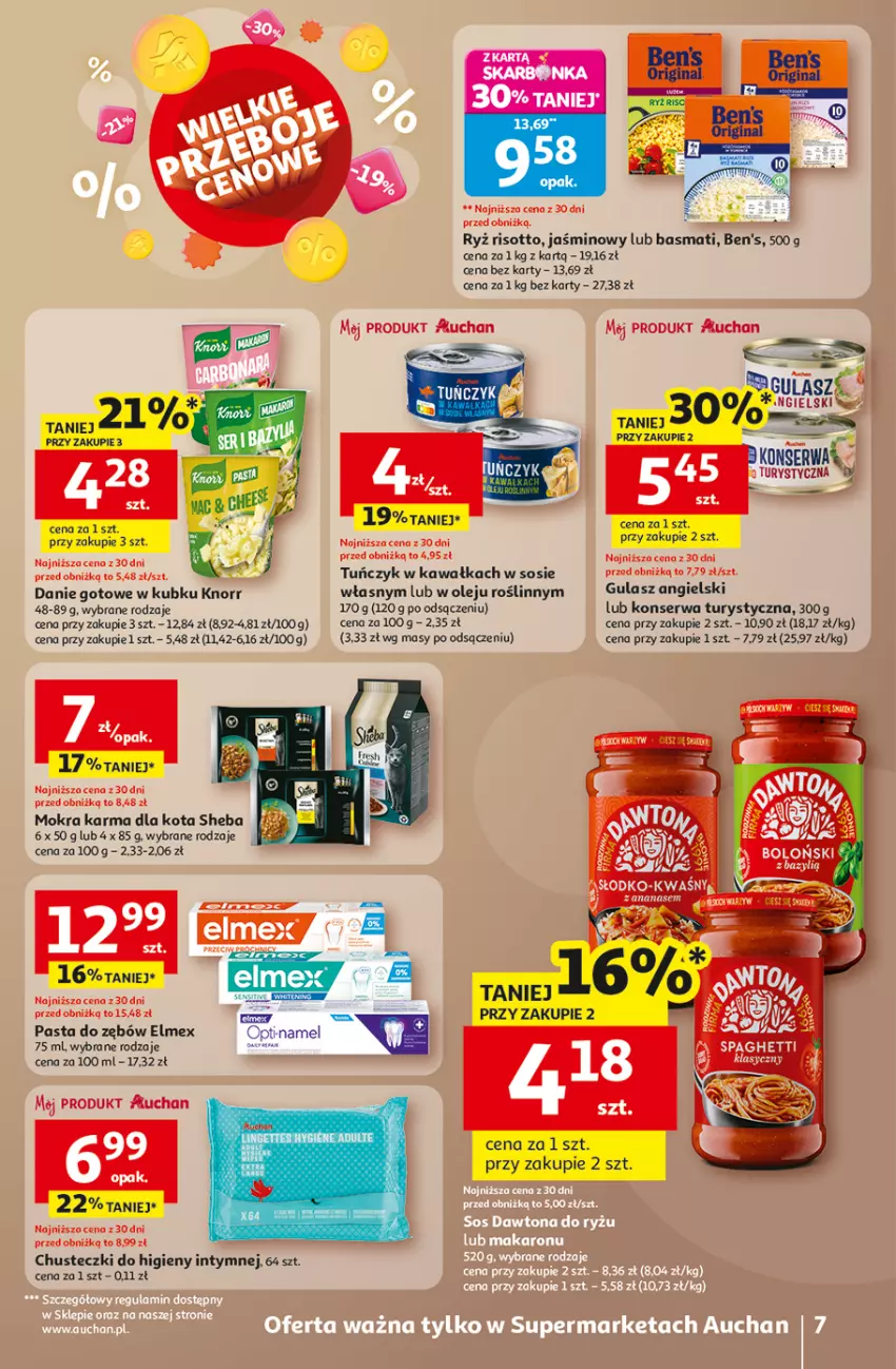 Gazetka promocyjna Auchan - Wielkie Przeboje Cenowe Supermarket - ważna 02.01 do 07.01.2026 - strona 7 - produkty: Bazyl, Chusteczki, Chusteczki do higieny, Danie gotowe, Elmex, Kawa, Knorr, Konserwa turystyczna, Mokra karma, Olej, Pasta do zębów, Ryż, Ser, Sheba, Sos, Spaghetti, Tuńczyk