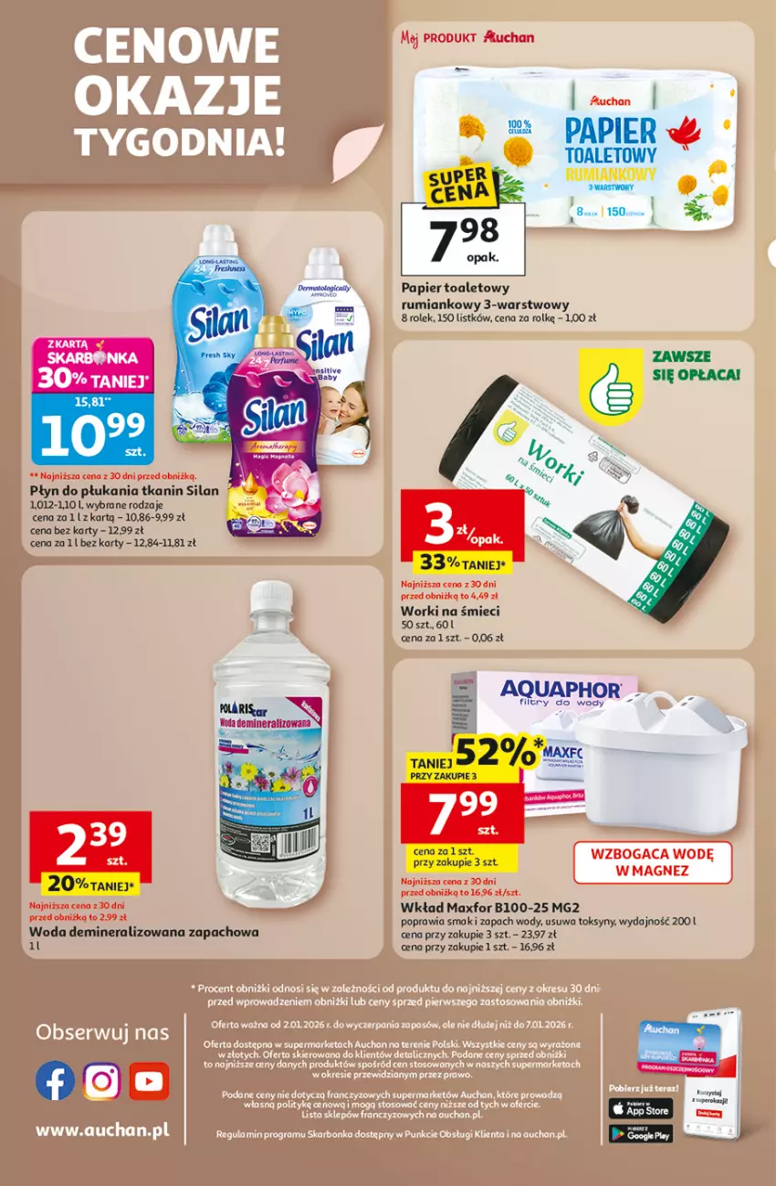 Gazetka promocyjna Auchan - Wielkie Przeboje Cenowe Supermarket - ważna 02.01 do 07.01.2026 - strona 8 - produkty: Aquaphor, Papier, Papier toaletowy, Perfum, Płyn do płukania, Rum, Silan, Woda, Worki na śmiec, Worki na śmieci