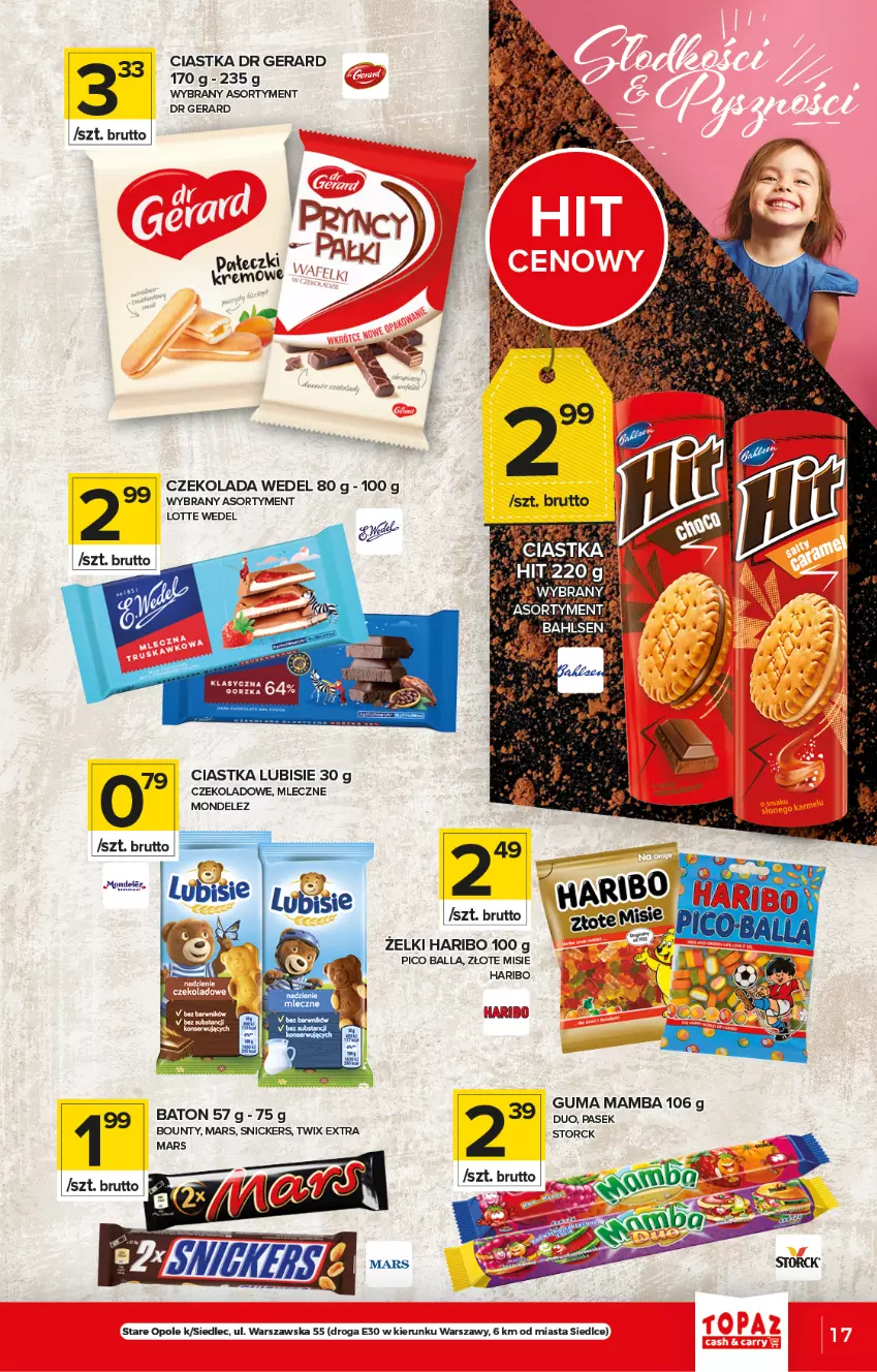 Gazetka promocyjna Topaz - Gazetka - ważna 06.05 do 12.05.2021 - strona 17 - produkty: Baton, Bounty, Ciastka, Czekolada, Dr Gerard, Haribo, Lubisie, Mamba, Mars, Snickers, Twix