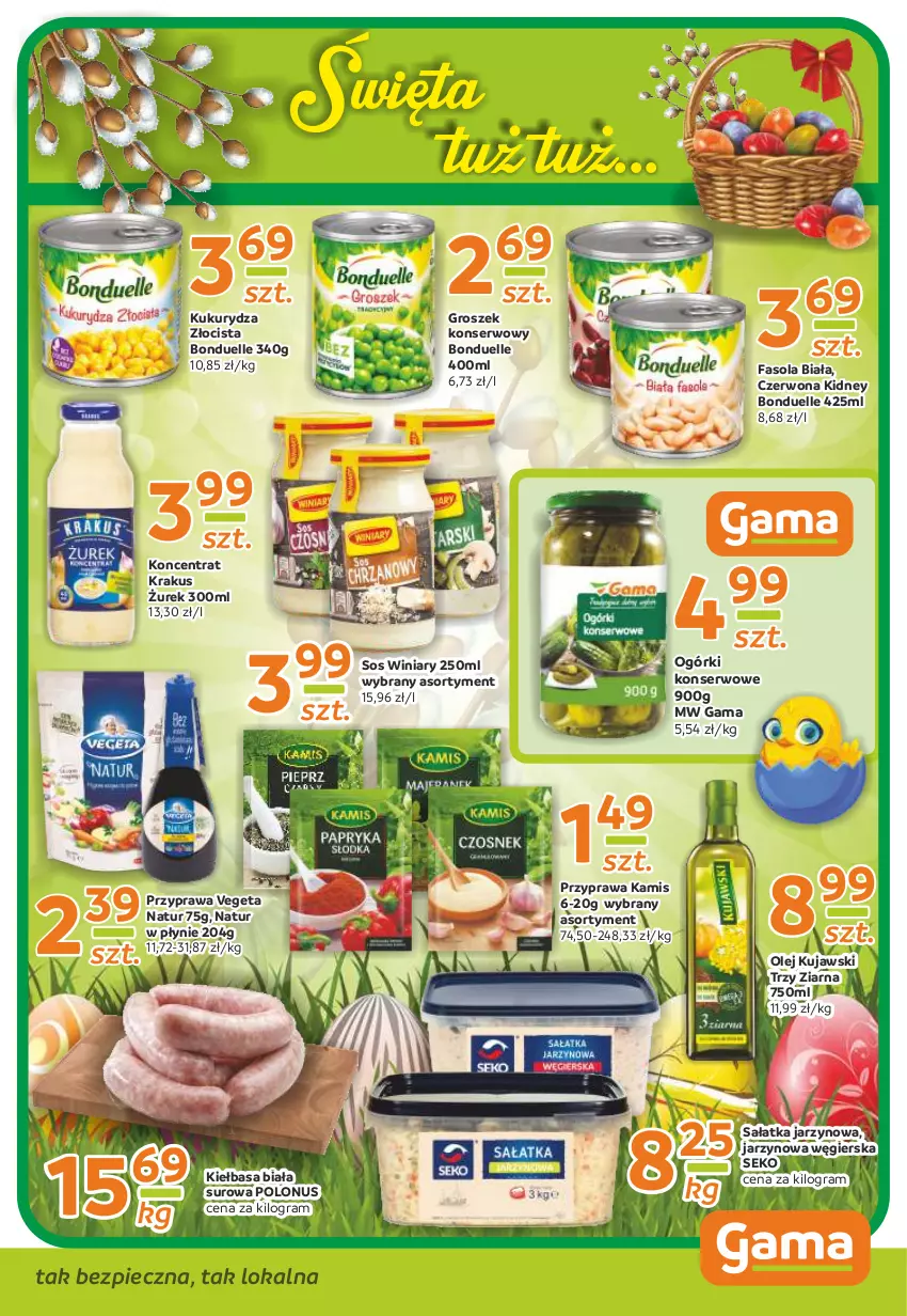 Gazetka promocyjna Gama - Gazetka Gama - ważna 30.03 do 12.04.2021 - strona 5 - produkty: Bonduelle, Fa, Fasola, Gra, Groszek, Kamis, Kiełbasa, Kiełbasa biała, Krakus, Kujawski, Kukurydza, Ogórki konserwowe, Olej, Piec, Sałat, Sałatka, SEKO, Ser, Sos, Vegeta, Vegeta Natur, Winiary