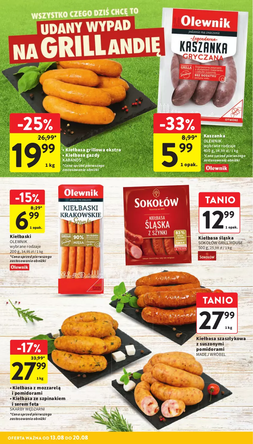 Gazetka promocyjna Intermarche - Gazetka promocyjna - ważna 13.08 do 20.08.2025 - strona 10 - produkty: Feta, Grill, Kabanos, Kasza, Kaszanka, Kiełbasa, Kiełbasa śląska, Madej Wróbel, Olewnik, Ser, Sok, Sokołów, Szpinak