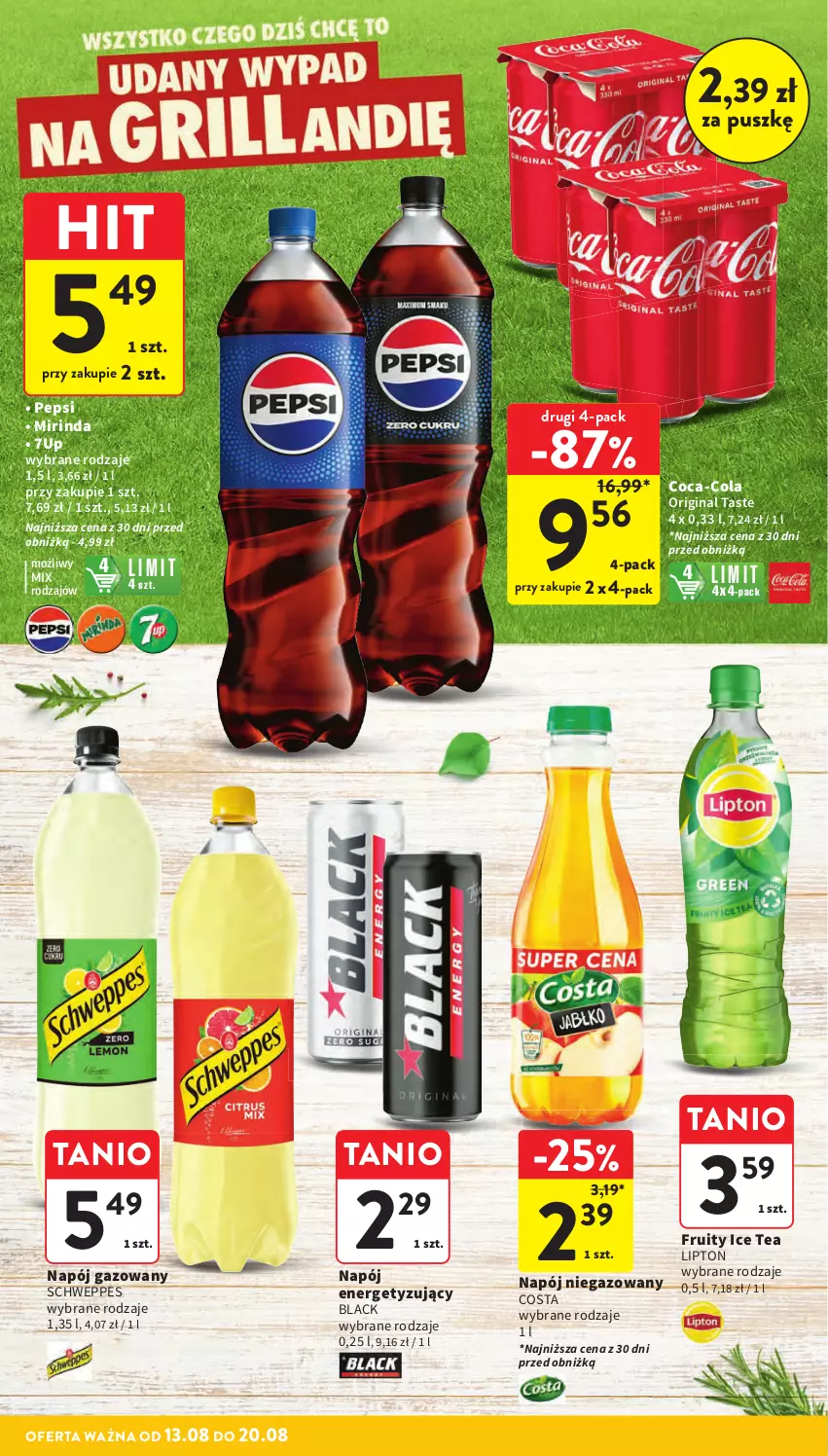 Gazetka promocyjna Intermarche - Gazetka promocyjna - ważna 13.08 do 20.08.2025 - strona 20 - produkty: 7up, Coca-Cola, Gin, Ice tea, Lack, Lipton, Mirinda, Napój, Napój gazowany, Napój niegazowany, Pepsi, Schweppes