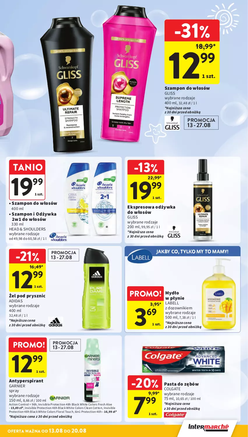 Gazetka promocyjna Intermarche - Gazetka promocyjna - ważna 13.08 do 20.08.2025 - strona 37 - produkty: Adidas, Antyperspirant, Bell, Colgate, Control, Dozownik, Flora, Garnier, Lack, LG, Mydło, Mydło w płynie, Odżywka, Pasta do zębów, Szampon