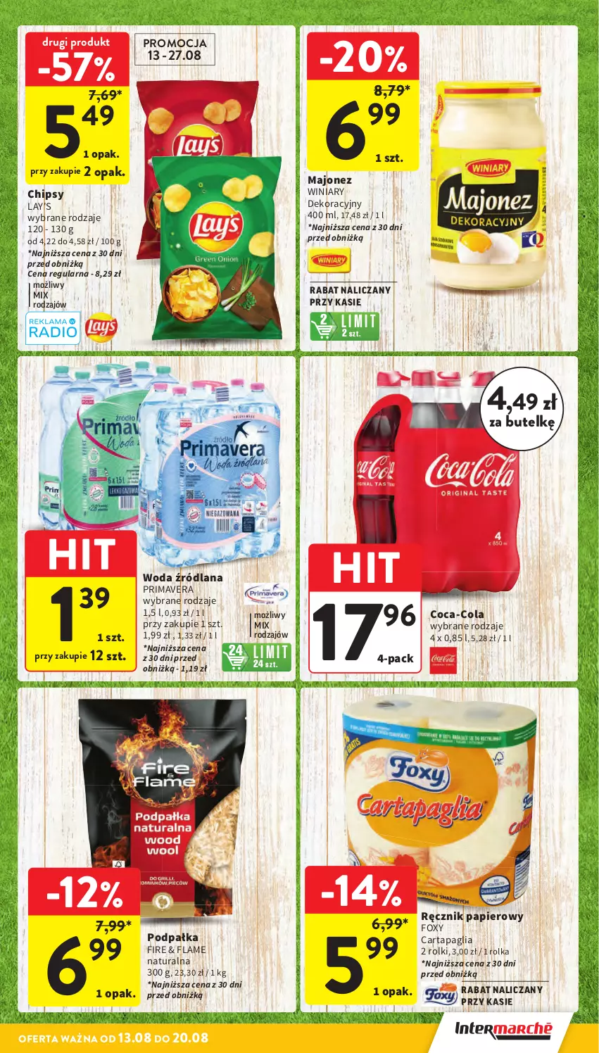 Gazetka promocyjna Intermarche - Gazetka promocyjna - ważna 13.08 do 20.08.2025 - strona 7 - produkty: Chipsy, Coca-Cola, Foxy, LANA, Majonez, Papier, Prima, Primavera, Ręcznik, Rolki, Winiary, Woda