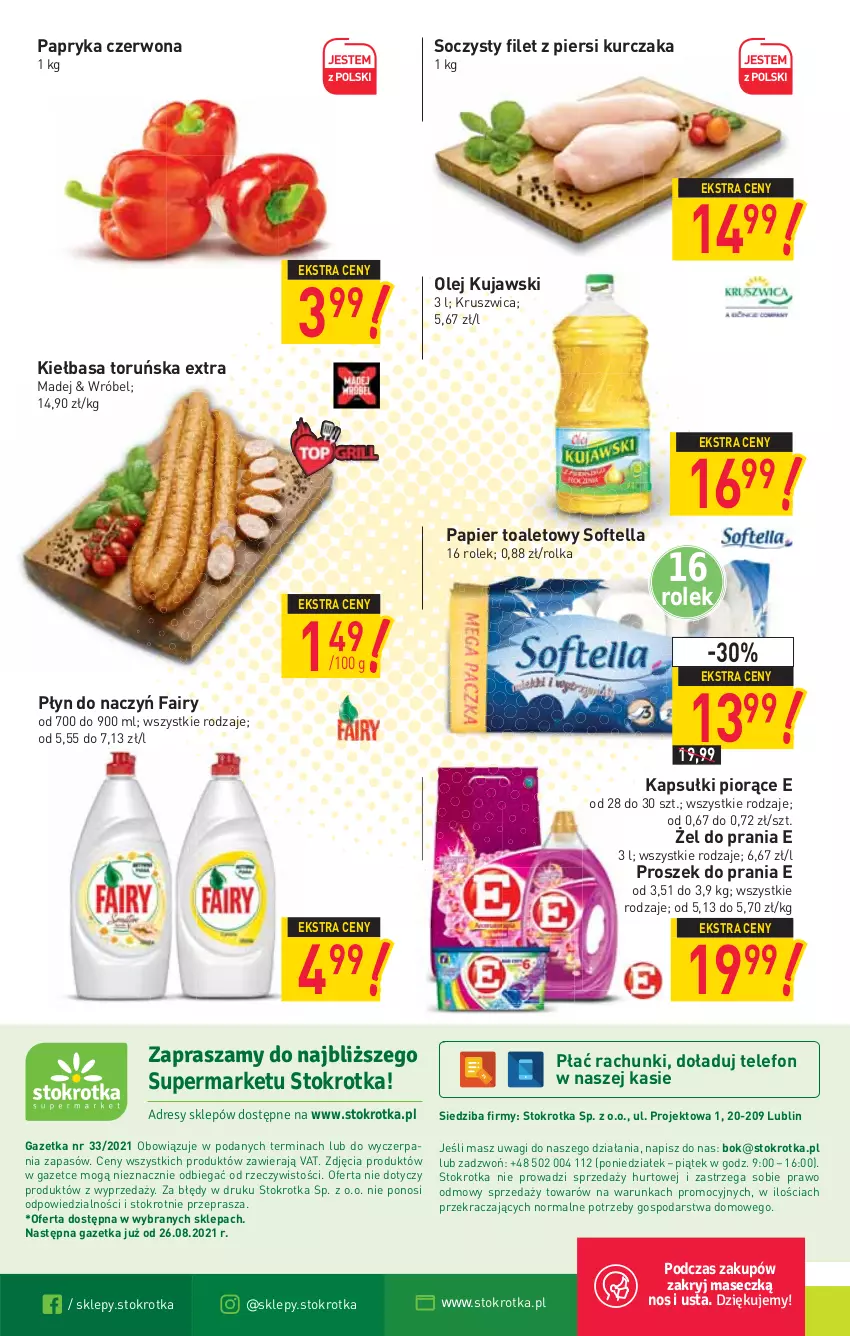 Gazetka promocyjna Stokrotka - Supermarket - ważna 19.08 do 25.08.2021 - strona 16 - produkty: Fa, Fairy, Filet z piersi kurczaka, Kiełbasa, Kujawski, Kurczak, O nas, Olej, Papier, Papier toaletowy, Papryka, Papryka czerwona, Proszek do prania, Telefon, Wagi