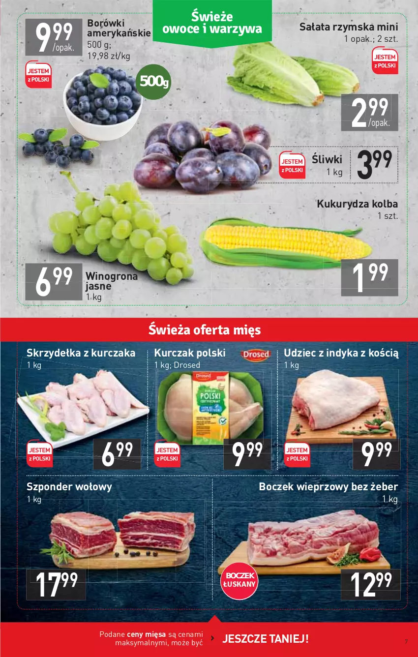 Gazetka promocyjna Stokrotka - Supermarket - ważna 19.08 do 25.08.2021 - strona 7 - produkty: Boczek, Boczek wieprzowy, Kukurydza, Kurczak, Sałat, Skrzydełka z kurczaka, Szponder wołowy, Udziec z indyka, Wino, Winogrona