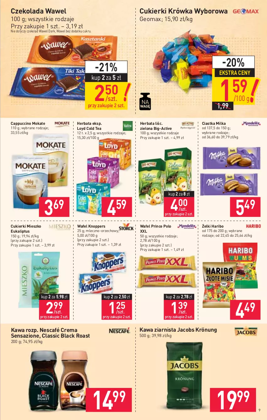 Gazetka promocyjna Stokrotka - Supermarket - ważna 19.08 do 25.08.2021 - strona 9 - produkty: Cappuccino, Ciastka, Cukier, Cukierki, Czekolada, Haribo, Herbata, Jacobs, Jacobs Krönung, Kawa, Kawa ziarnista, Knoppers, Lack, Loyd, Milka, Nescafé, Prince Polo, Wawel, Wyborowa