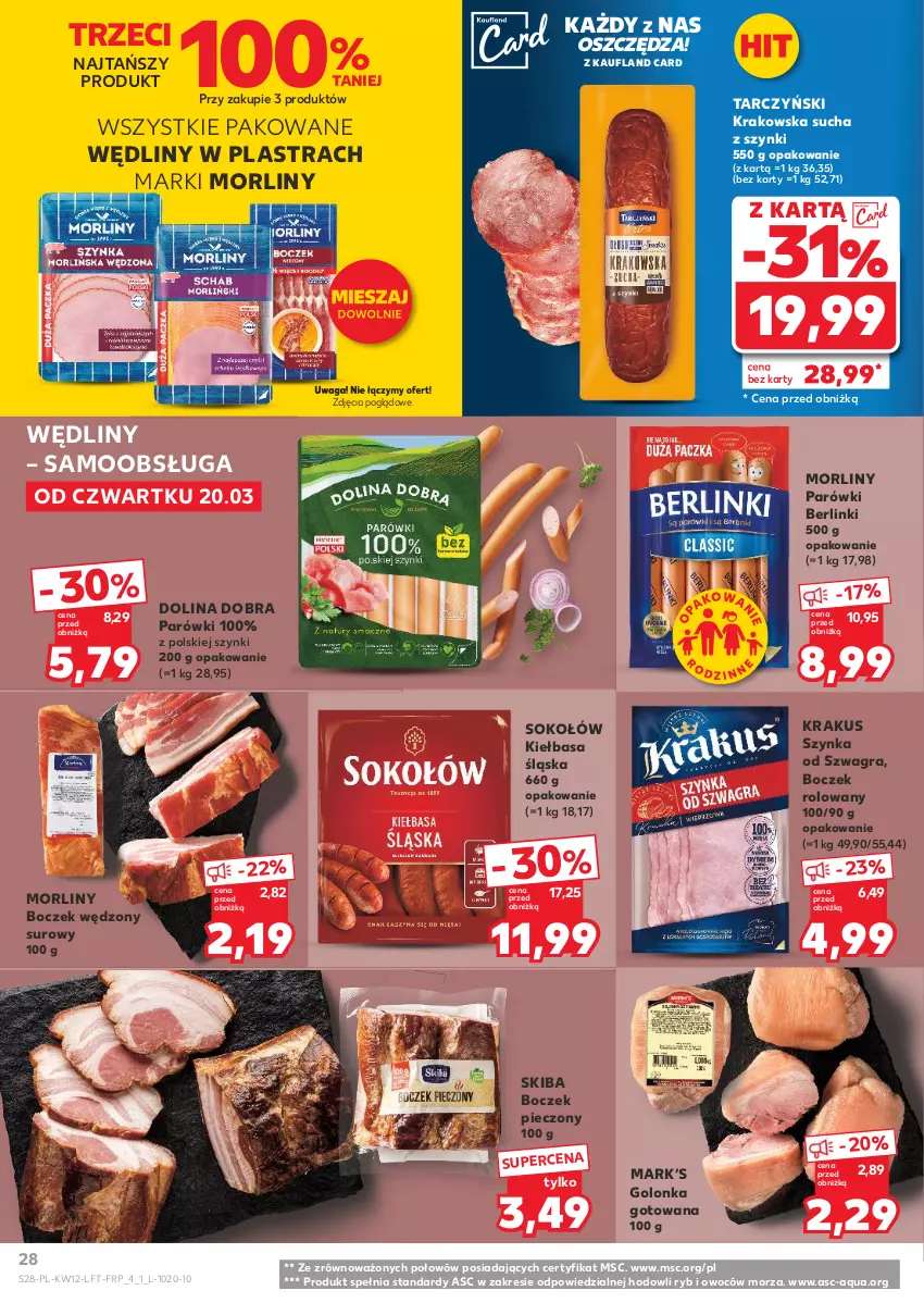 Gazetka promocyjna Kaufland - Gazetka tygodnia - ważna 20.03 do 26.03.2025 - strona 28 - produkty: Berlinki, Boczek, Boczek pieczony, Gra, Kiełbasa, Kiełbasa śląska, Krakus, Morliny, Parówki, Piec, Sok, Sokołów, Szynka, Tarczyński, Waga