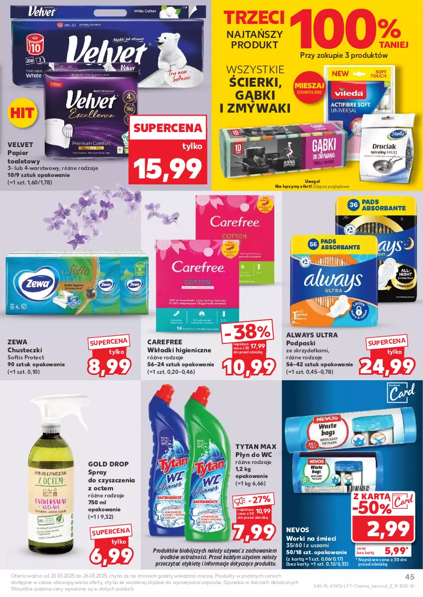 Gazetka promocyjna Kaufland - Gazetka tygodnia - ważna 20.03 do 26.03.2025 - strona 45 - produkty: Always, Always Ultra, Carefree, Chusteczki, Papier, Papier toaletowy, Płyn do wc, Podpaski, Podpaski ze skrzydełkami, Spray do czyszczenia, Tytan, Velvet, Waga, Wkładki, Worki na śmiec, Worki na śmieci