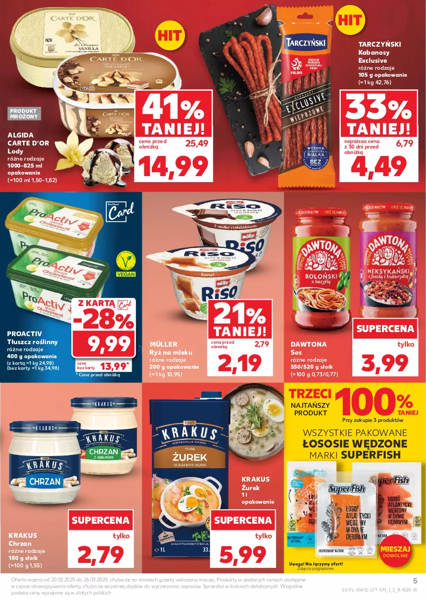 Gazetka promocyjna Kaufland - Gazetka tygodnia - ważna 20.03 do 26.03.2025 - strona 5 - produkty: Algida, Chrzan, Dawtona, Kabanos, Krakus, LG, Lody, Müller, Ryż, Ryż na mleku, Sos, Tarczyński, Tłuszcz roślinny, Waga