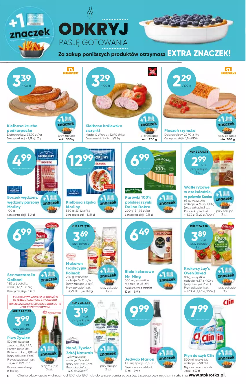 Gazetka promocyjna Stokrotka - Supermarket - ważna 12.01 do 18.01.2023 - strona 6 - produkty: Boczek, Clin, Galbani, Gra, Karp, Kiełbasa, Kiełbasa krucha, Kiełbasa śląska, Kokos, Krakersy, Lay’s, Makaron, Morliny, Mozzarella, Napój, Olma, Parówki, Piec, Pieczeń rzymska, Piwa, Piwo, Płyn do szyb, Por, Ryż, Ser, Sonko