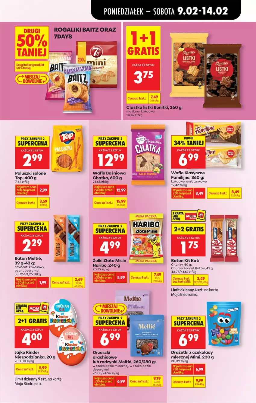 Gazetka promocyjna Biedronka - Gazetka - ważna 09.02 do 16.02.2026 - strona 55 - produkty: Baton, Bonitki, Ciastka, Deser, Fa, Haribo, Kakao, Kinder, Kit Kat, Kokos, Orzeszki, Rodzynki, Rogal, Ser, Top, Wafle