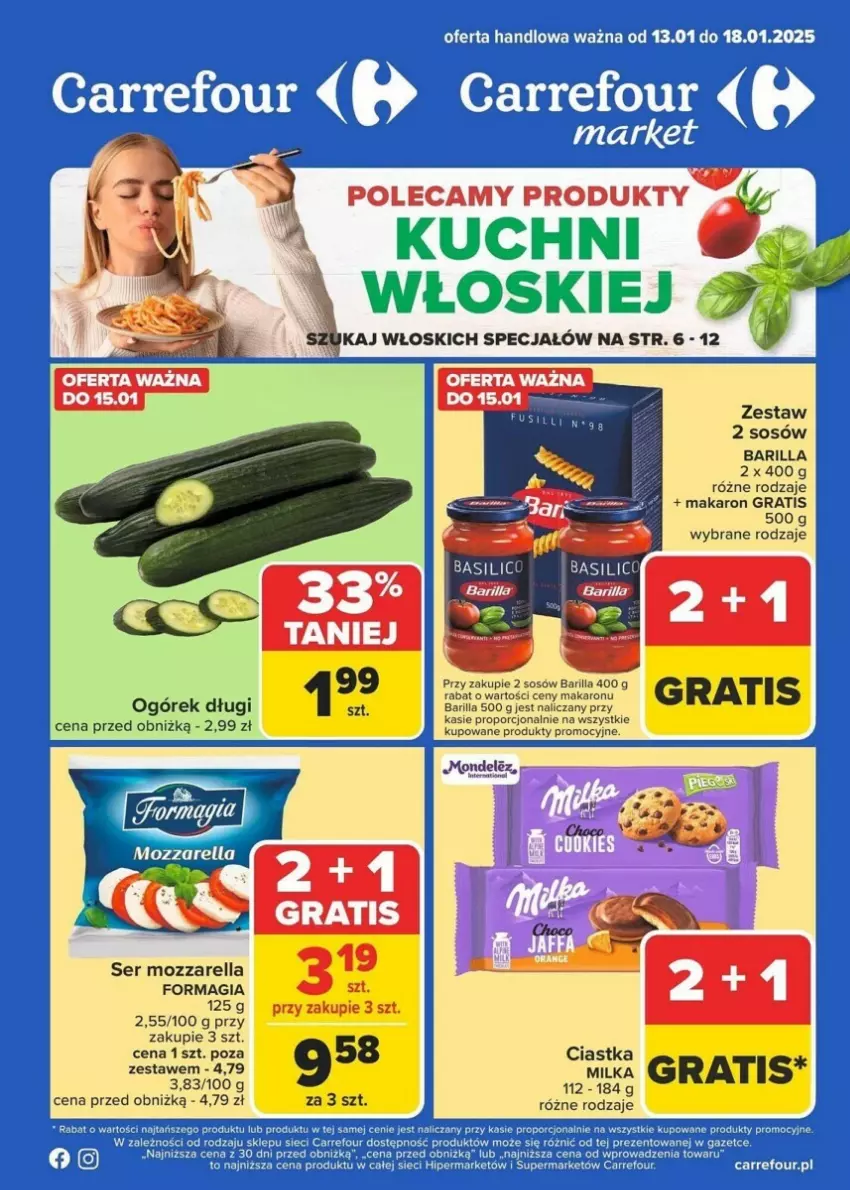 Gazetka promocyjna Carrefour - ważna 13.01 do 19.01.2025 - strona 1 - produkty: Barilla, Ciastka, Gra, Makaron, Milka, Mozzarella, Ogórek, Por, Ser, Sos