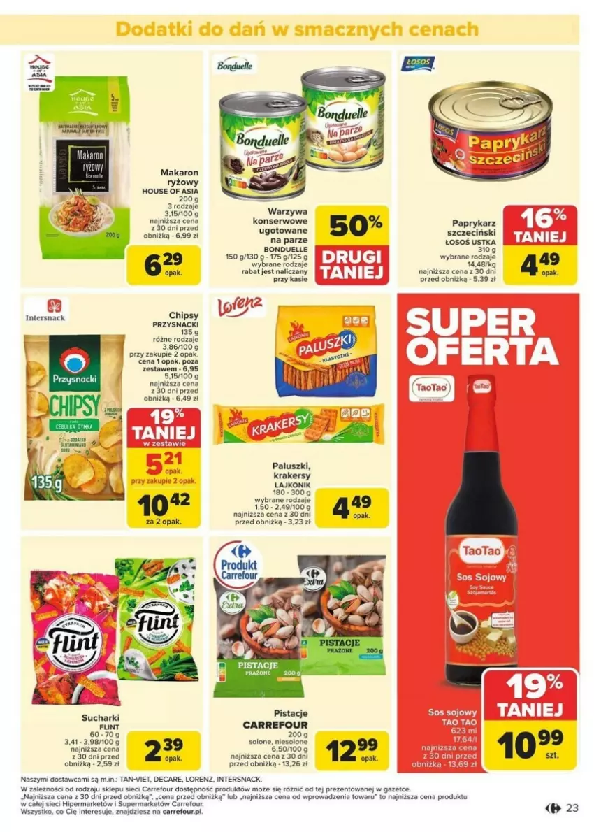 Gazetka promocyjna Carrefour - ważna 13.01 do 19.01.2025 - strona 16 - produkty: Bonduelle, Chipsy, Fa, House of Asia, Krakersy, Lajkonik, Makaron, Makaron ryżowy, Papryka, Paprykarz, Pistacje, Ryż, Ser, Warzywa