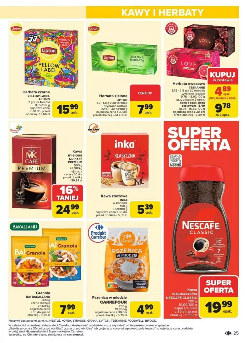 Gazetka promocyjna Carrefour - ważna 13.01 do 19.01.2025 - strona 18 - produkty: Ba!, Gra, Granola, Herbata, Herbata czarna, Herbata owocowa, Inka, Kawa, Kawa mielona, Kawa zbożowa, Lipton, Teekanne