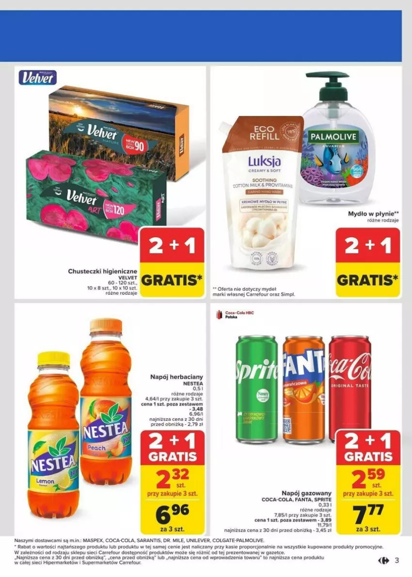 Gazetka promocyjna Carrefour - ważna 13.01 do 19.01.2025 - strona 23 - produkty: Chusteczki, Coca-Cola, Colgate, Fa, Fanta, Gra, LG, Mydło, Mydło w płynie, Napój, Napój gazowany, Nestea, Por