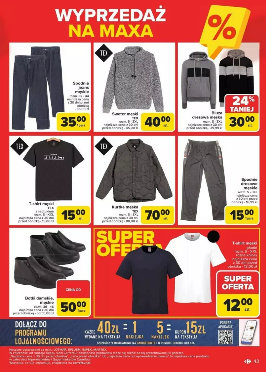 Gazetka promocyjna Carrefour - ważna 13.01 do 19.01.2025 - strona 38 - produkty: Bluza, Botki, Dres, Gra, Klej, Kurtka, Spodnie, Spodnie dresowe, Spodnie jeans, Sweter, T-shirt