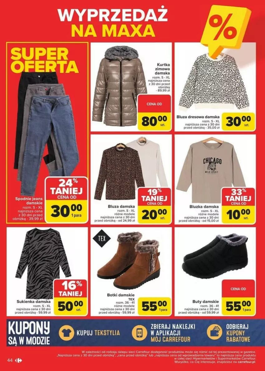 Gazetka promocyjna Carrefour - ważna 13.01 do 19.01.2025 - strona 39 - produkty: Bluza, Bluza dresowa, Botki, Buty, Dres, Fa, Kurtka, Sukienka