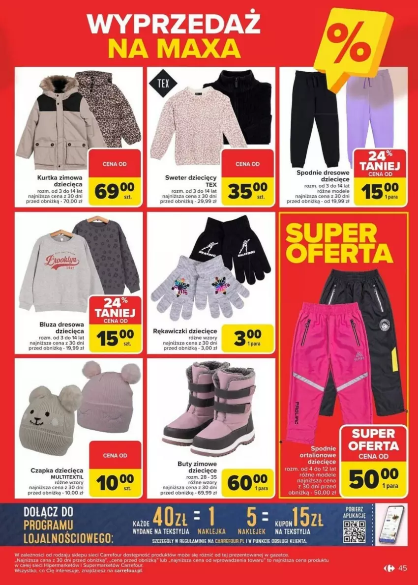 Gazetka promocyjna Carrefour - ważna 13.01 do 19.01.2025 - strona 40 - produkty: Bluza, Bluza dresowa, Buty, Buty zimowe, Czapka, Dres, Dzieci, Klej, Kurtka, Spodnie, Spodnie dresowe, Sweter