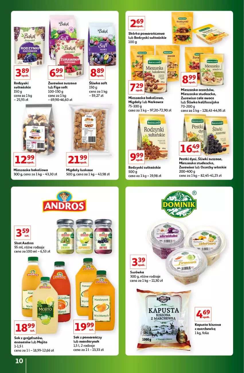 Gazetka promocyjna Auchan - Gazetka Znane Marki Lubiane Hipermarket Auchan - ważna 30.03 do 08.04.2023 - strona 10 - produkty: Ananas, Grejpfrut, Mieszanka bakaliowa, Mieszanka studencka, Migdały, Migdały łuskane, Orzechy włoskie, Owoce, Pestki dyni, Rodzynki, Sok, Surówka