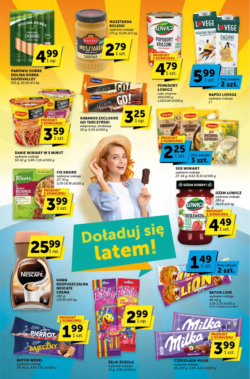 Gazetka promocyjna Groszek - ważna 29.06 do 11.07.2023 - strona 3 - produkty: Baton, Dżem, Kabanos, Kawa, Kawa rozpuszczalna, Knorr, Lion, Mus, Musztarda, Napój, Parówki, Pomidory, Sos, Tarczyński, Winiary