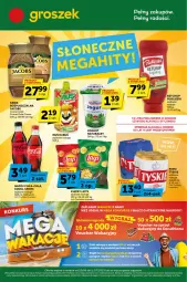 Gazetka promocyjna Groszek - Gazetka - ważna od 11.07 do 11.07.2023 - strona 1 - produkty: Piwo, Ketchup, Mus, Piątnica, Jogurt, Chipsy, Kawa, Coca-Cola, Tyskie, LANA, Mola, Fanta, Pudliszki, Jacobs, Sprite, Napój, Groszek, Fa