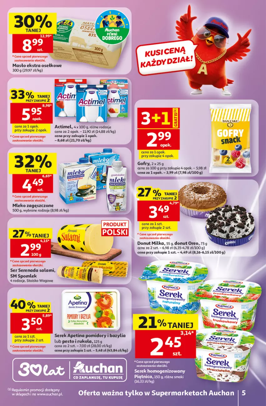 Gazetka promocyjna Auchan - 30 Lat Supermarket - ważna 28.05 do 03.06.2026 - strona 5 - produkty: Actimel, Bazyl, Bazylia, Dan Cake, Donut, Gofry, Masło, Milka, Mleko, Mleko zagęszczone, Oreo, Pesto, Piątnica, Pomidory, Rukola, Salami, Ser, Serek, Serek homogenizowany