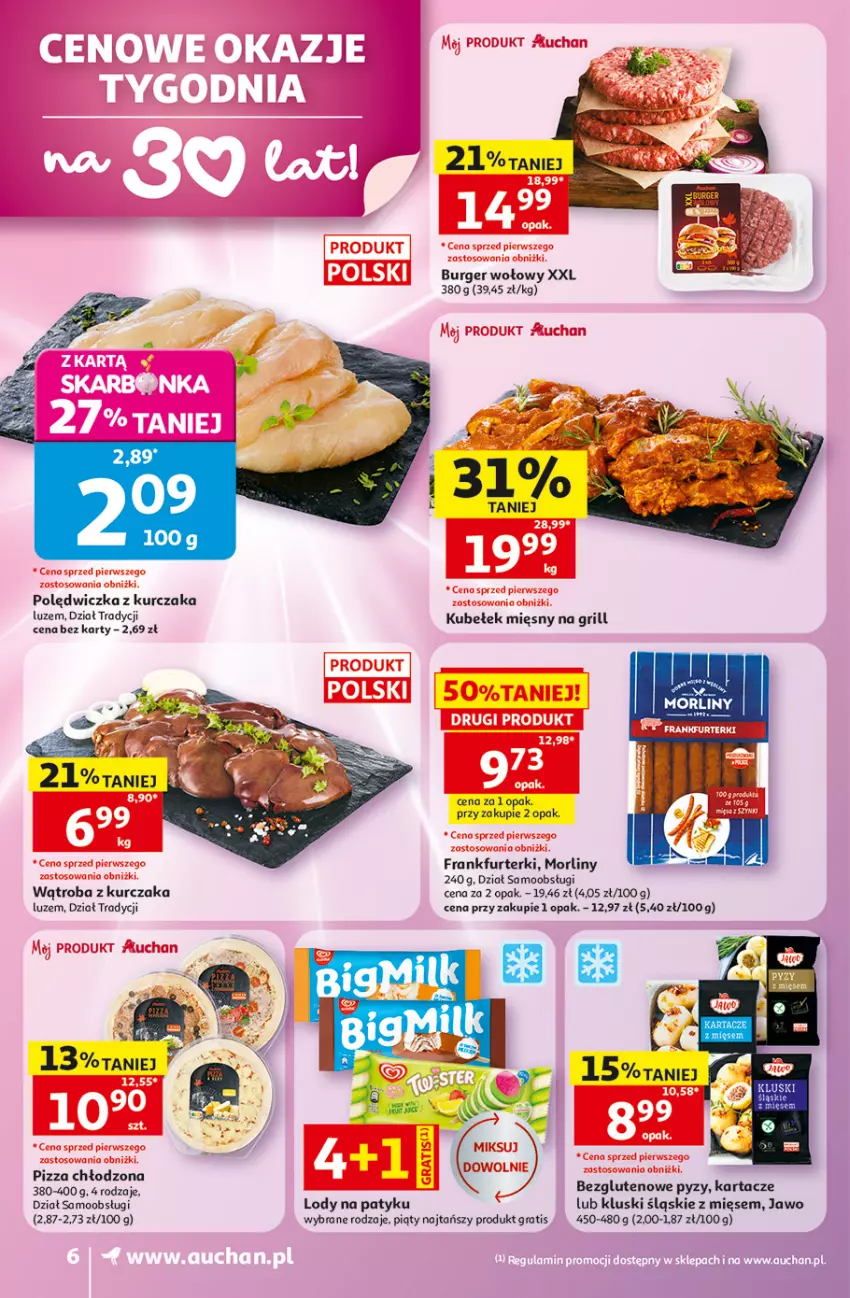 Gazetka promocyjna Auchan - 30 Lat Supermarket - ważna 28.05 do 03.06.2026 - strona 6 - produkty: Burger, Frankfurterki, Gra, Grill, Kurczak, Lody, Morliny, Pizza