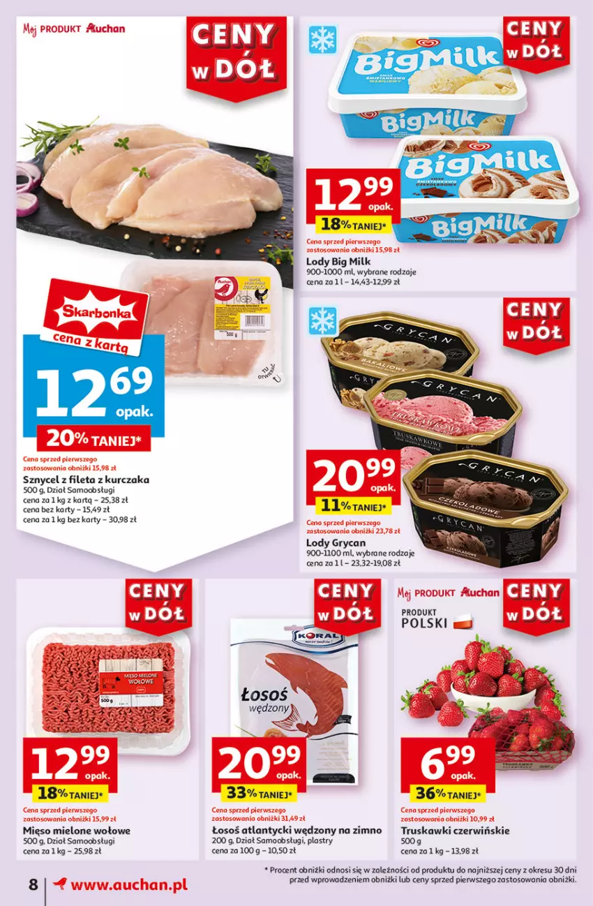 Gazetka promocyjna Auchan - Gazetka CENY W DÓŁ Moje Auchan - ważna 13.06 do 19.06.2024 - strona 8 - produkty: Big Milk, Gry, Kurczak, Lody, Mięso, Mięso mielone, Truskawki