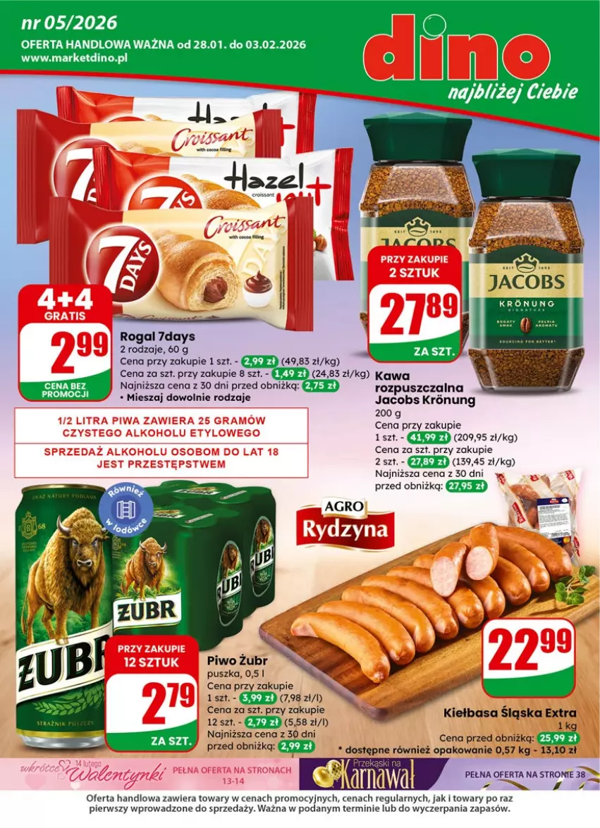 Gazetka promocyjna Dino - Gazetka 05 / 2026 - ważna 27.01 do 03.02.2026 - strona 1 - produkty: Jacobs, JBL, Kawa, Kiełbasa, Kiełbasa śląska, Piwo, Rogal