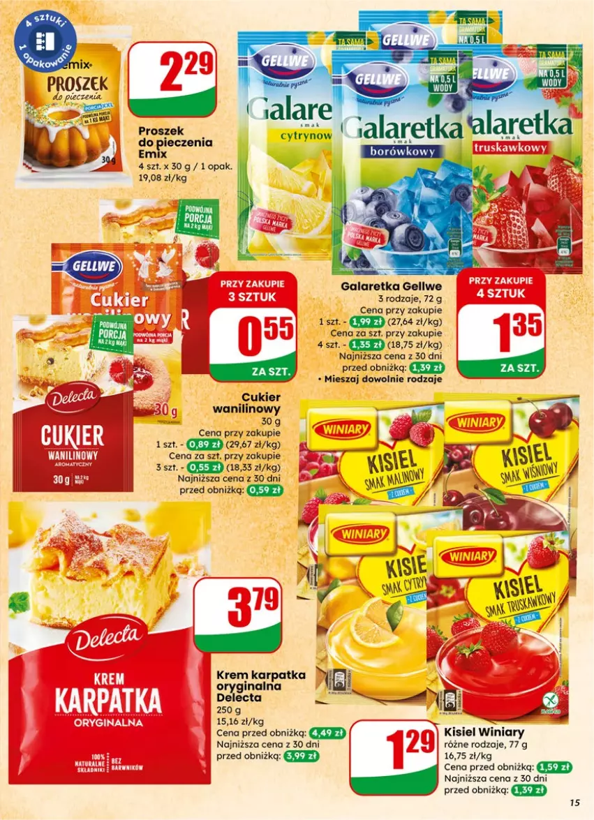 Gazetka promocyjna Dino - Gazetka 05 / 2026 - ważna 27.01 do 03.02.2026 - strona 15 - produkty: Cukier, Delecta, Gala, Galaretka, Gin, Karp, Kisiel, Piec, Proszek do pieczenia, Winiary