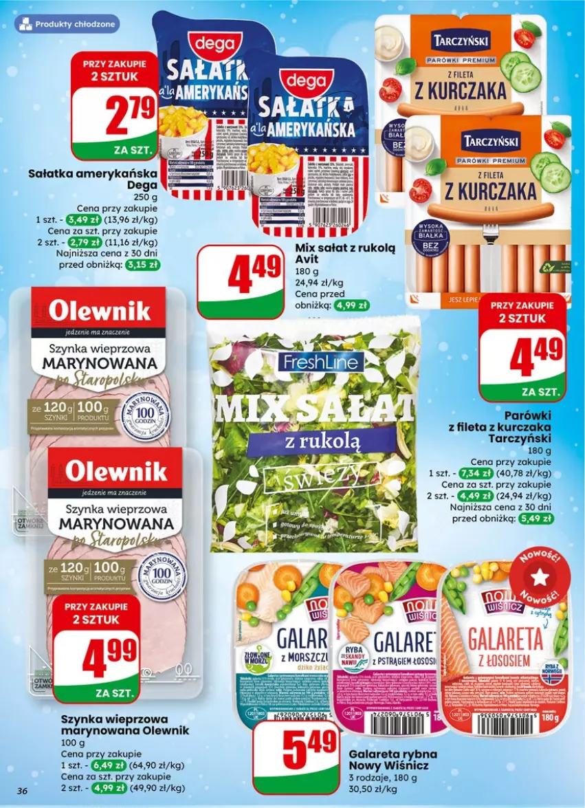 Gazetka promocyjna Dino - Gazetka 05 / 2026 - ważna 27.01 do 03.02.2026 - strona 36 - produkty: Dega, Gala, Kosz, Kurczak, Olewnik, Parówki, Pstrąg, Sałat, Sałatka, Sos, Szynka, Szynka wieprzowa, Tarczyński