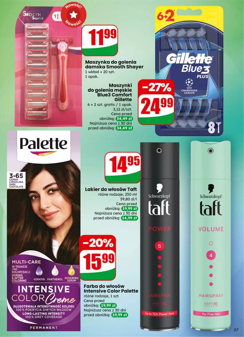 Gazetka promocyjna Dino - Gazetka 05 / 2026 - ważna 27.01 do 03.02.2026 - strona 57 - produkty: Czekolada, Fa, Farba do włosów, Gillette, Gra, Lakier, Lakier do włosów, Maszynka, Maszynka do golenia, Palette, Szynka, Taft