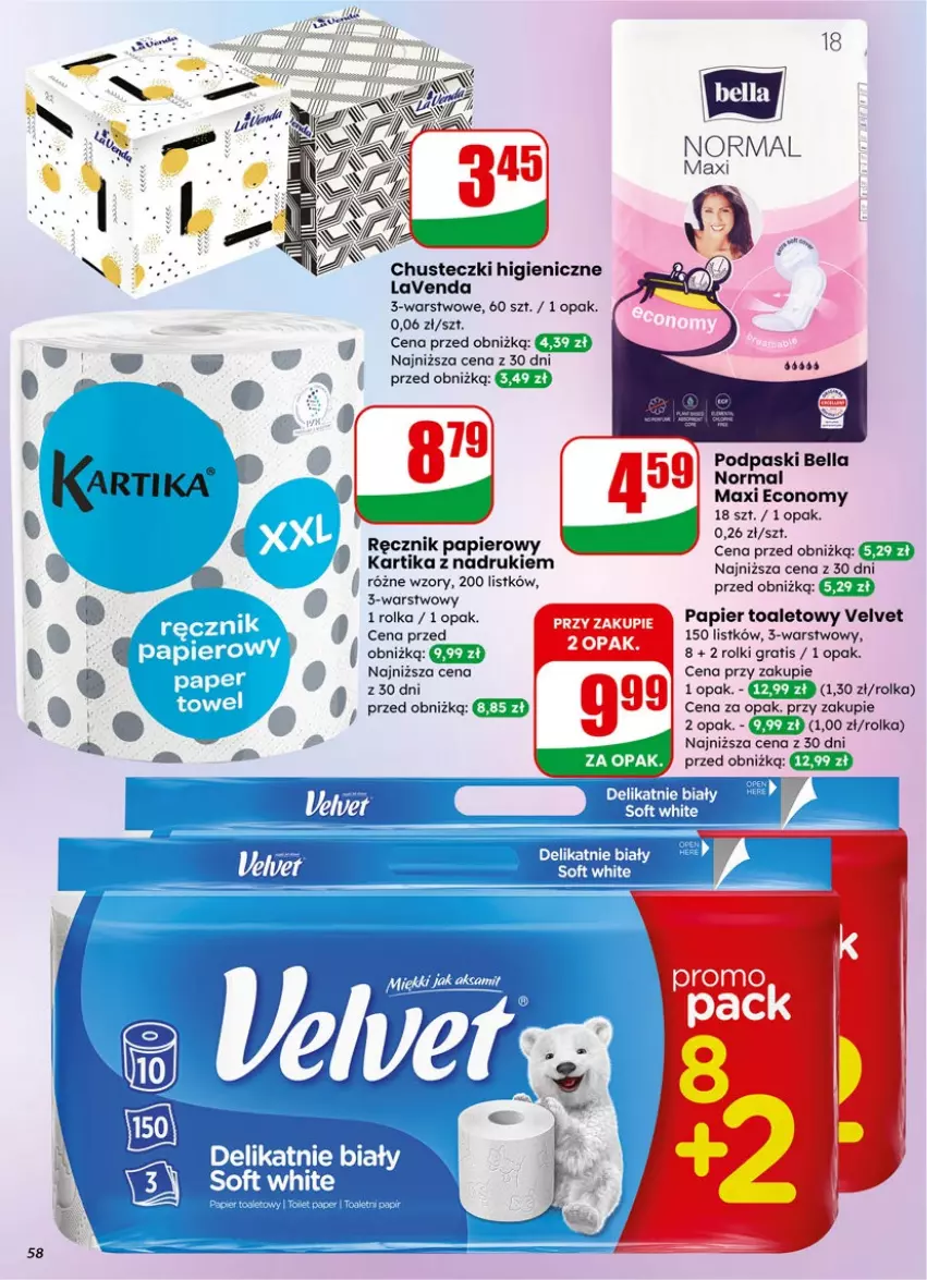Gazetka promocyjna Dino - Gazetka 05 / 2026 - ważna 27.01 do 03.02.2026 - strona 58 - produkty: Bell, Bella, Chusteczki, Gra, Papier, Papier toaletowy, Podpaski, Ręcznik, Rolki, Velvet