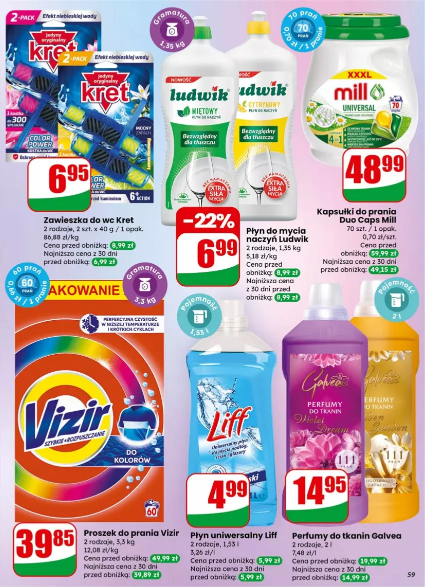 Gazetka promocyjna Dino - Gazetka 05 / 2026 - ważna 27.01 do 03.02.2026 - strona 59 - produkty: Do mycia naczyń, Kapsułki do prania, Kret, Ludwik, Perfum, Płyn do mycia, Płyn do mycia naczyń, Proszek do prania, Vizir, Zawieszka do wc