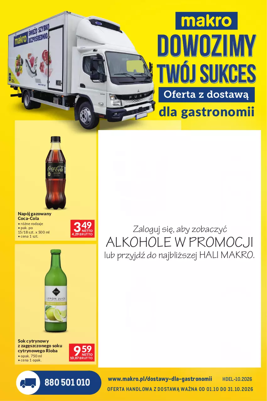 Gazetka promocyjna Makro - Dostawy dla gastronomii - ważna 01.10 do 31.10.2026 - strona 1 - produkty: Alkohole, Coca-Cola, JBL, Likier, Mus, Napój, Napój gazowany, Pilsner Urquell, Piwo, Prosecco, Rioba, Sok, Top, Whisky, Wino, Wino musujące