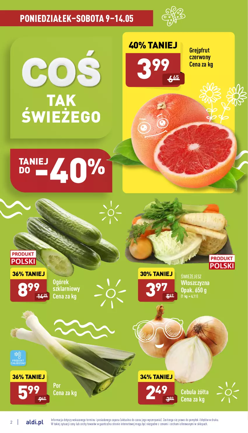 Gazetka promocyjna Aldi - Katalog spożywczy - ważna 09.05 do 14.05.2022 - strona 2 - produkty: Cebula, Grejpfrut, Ogórek, Por