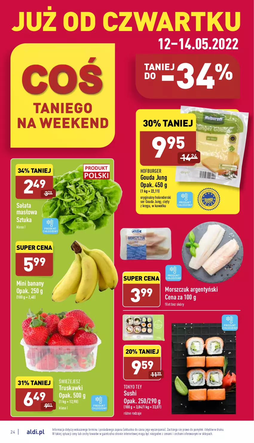 Gazetka promocyjna Aldi - Katalog spożywczy - ważna 09.05 do 14.05.2022 - strona 24 - produkty: Banany, Burger, Gin, Gouda, Hofburger, Kawa, Masło, Mini banany, Sałat, Sałata masłowa, Ser, Sushi, Truskawki