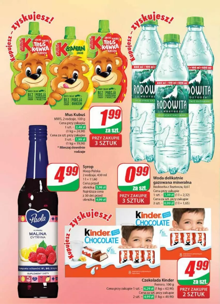 Gazetka promocyjna Dino - ważna 31.07 do 06.08.2024 - strona 34 - produkty: Czekolada, Ferrero, Hoop, Kinder, Kubuś, Mus, Syrop, Woda