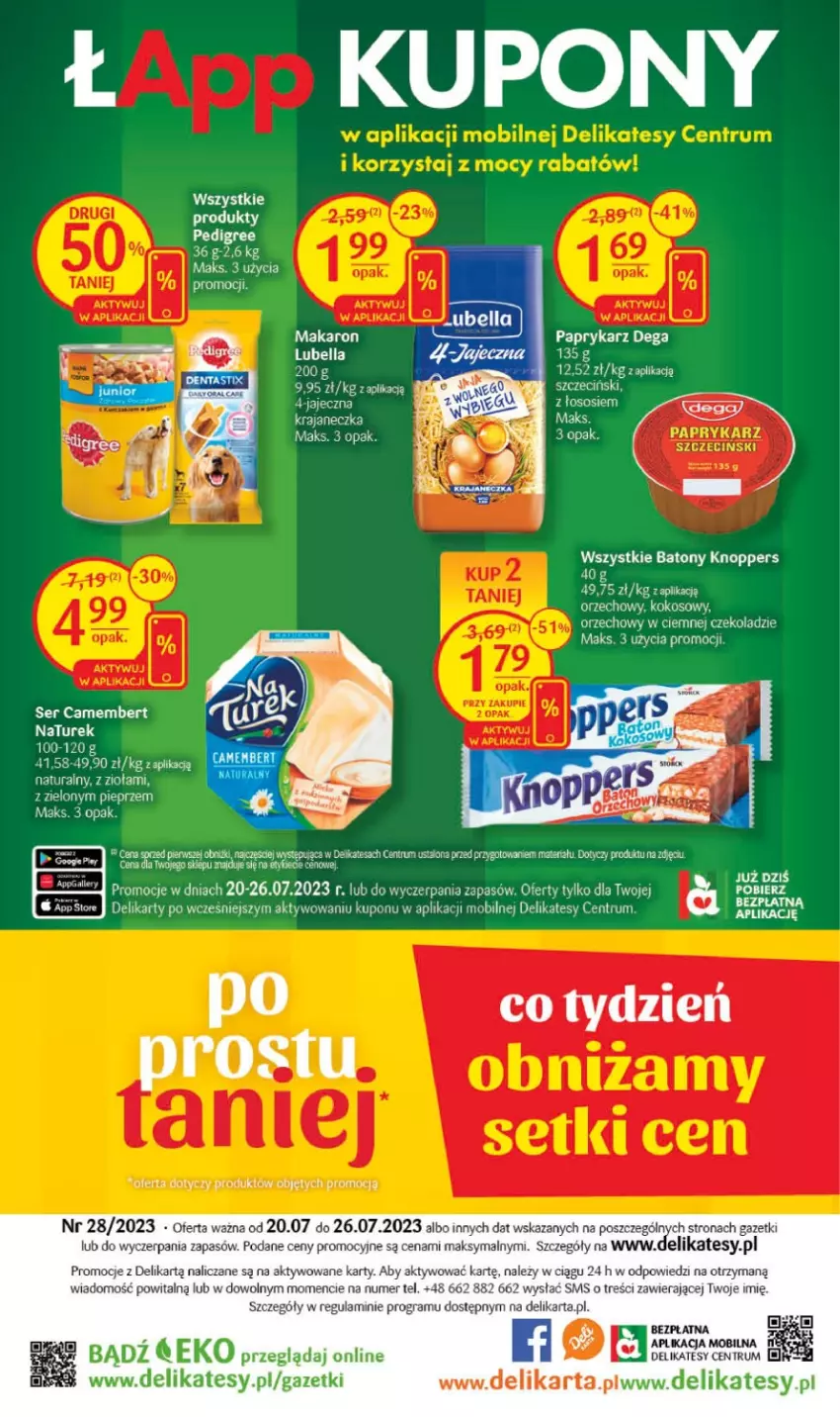 Gazetka promocyjna Delikatesy Centrum - Gazetka DC28 - ważna 20.07 do 26.07.2023 - strona 36 - produkty: Baton, Bell, Bella, Camembert, Dega, Gra, Knoppers, Kokos, Lubella, Makaron, Mobil, NaTurek, Papryka, Paprykarz, Pedigree, Pieprz, Rum, Ser, Sos