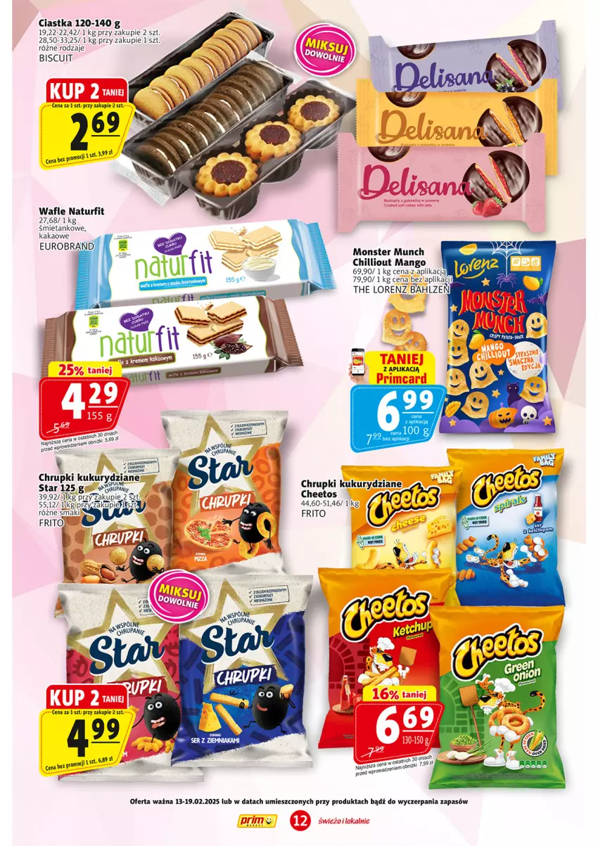 Gazetka promocyjna Prim Market - ważna 13.02 do 19.02.2025 - strona 12 - produkty: Cheetos, Chrupki, Ciastka, Kakao, Lorenz, Mango, Monster Munch, Wafle