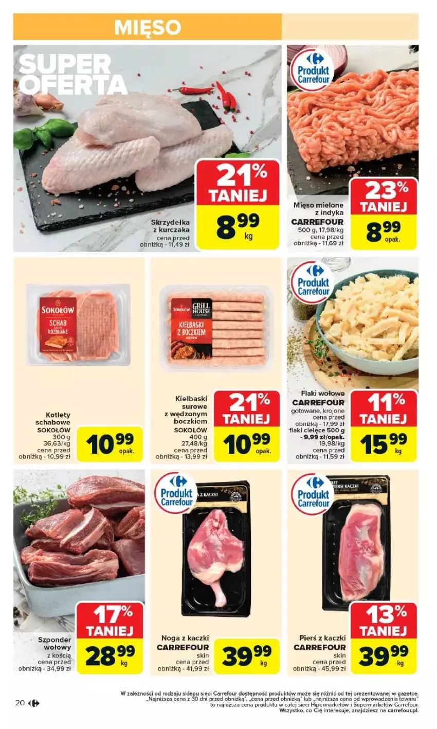 Gazetka promocyjna Carrefour - ważna 12.05 do 17.05.2025 - strona 15 - produkty: Flaki, Grill, Kotlet, Kurczak, Mięso, Mięso mielone, Noga z kaczki, Skrzydełka z kurczaka, Sok, Sokołów, Szponder wołowy