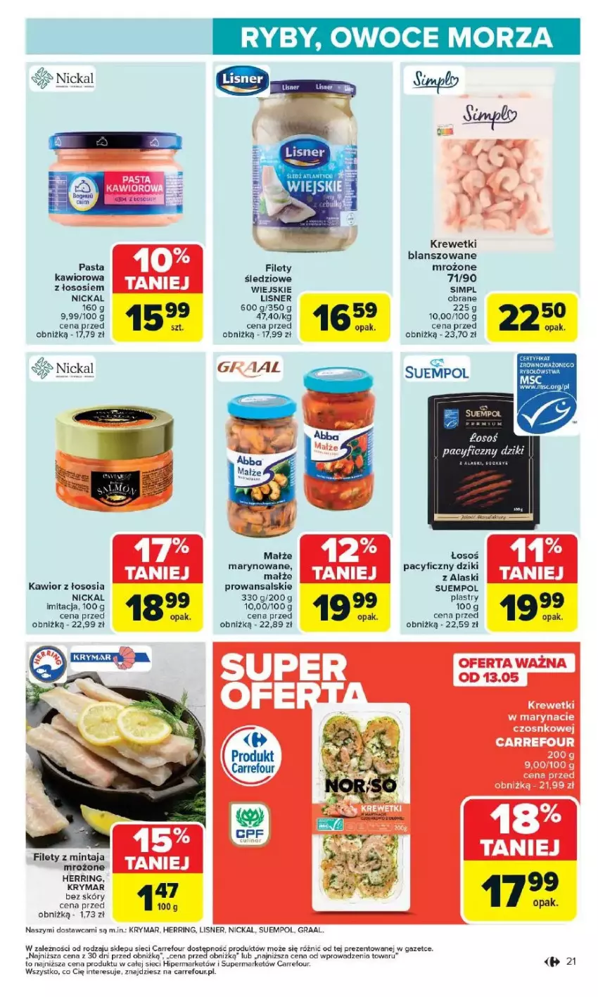 Gazetka promocyjna Carrefour - ważna 12.05 do 17.05.2025 - strona 16 - produkty: Gra, Graal, Kawior, Krewetki, Lisner, Małże, Mintaj, Owoce, Owoce morza, Sos, Suempol
