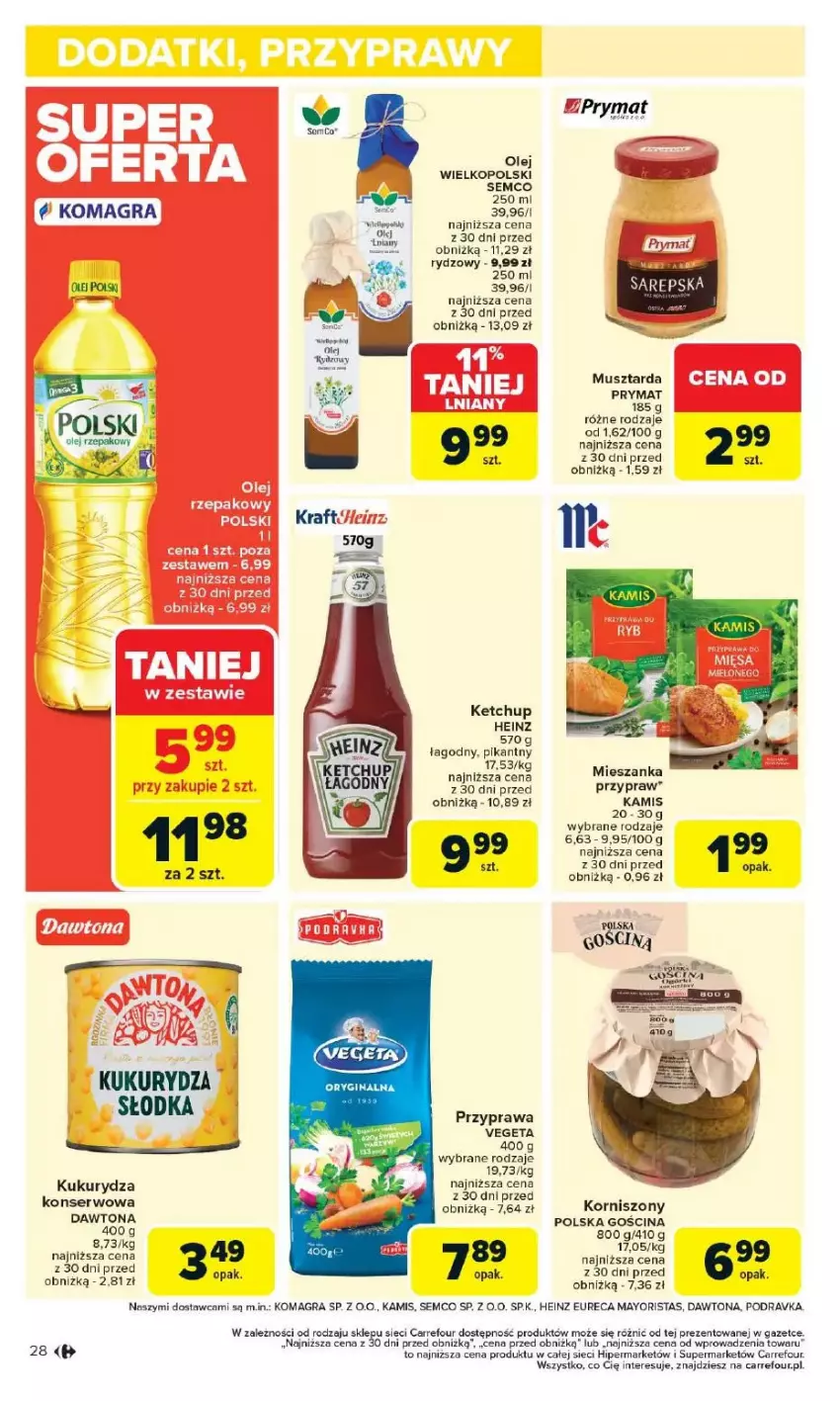 Gazetka promocyjna Carrefour - ważna 12.05 do 17.05.2025 - strona 24 - produkty: Dawtona, Gra, Heinz, Kamis, Ketchup, Korniszony, Kukurydza, Olej, Podravka, Prymat, Ser, Vegeta