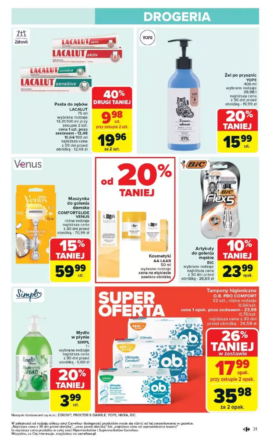 Gazetka promocyjna Carrefour - ważna 12.05 do 17.05.2025 - strona 27 - produkty: BIC, Fa, Lacalut, Maszynka, Maszynka do golenia, Mydło, Mydło w płynie, Nivea, O.B., Pasta do zębów, Szynka, Tampony, Venus, Yope