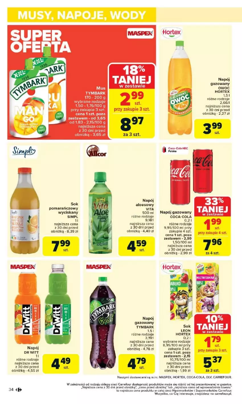 Gazetka promocyjna Carrefour - ważna 12.05 do 17.05.2025 - strona 30 - produkty: Coca-Cola, Hortex, Leon, Mus, Napój, Napój gazowany, Sok, Sok pomarańczowy, Tymbark